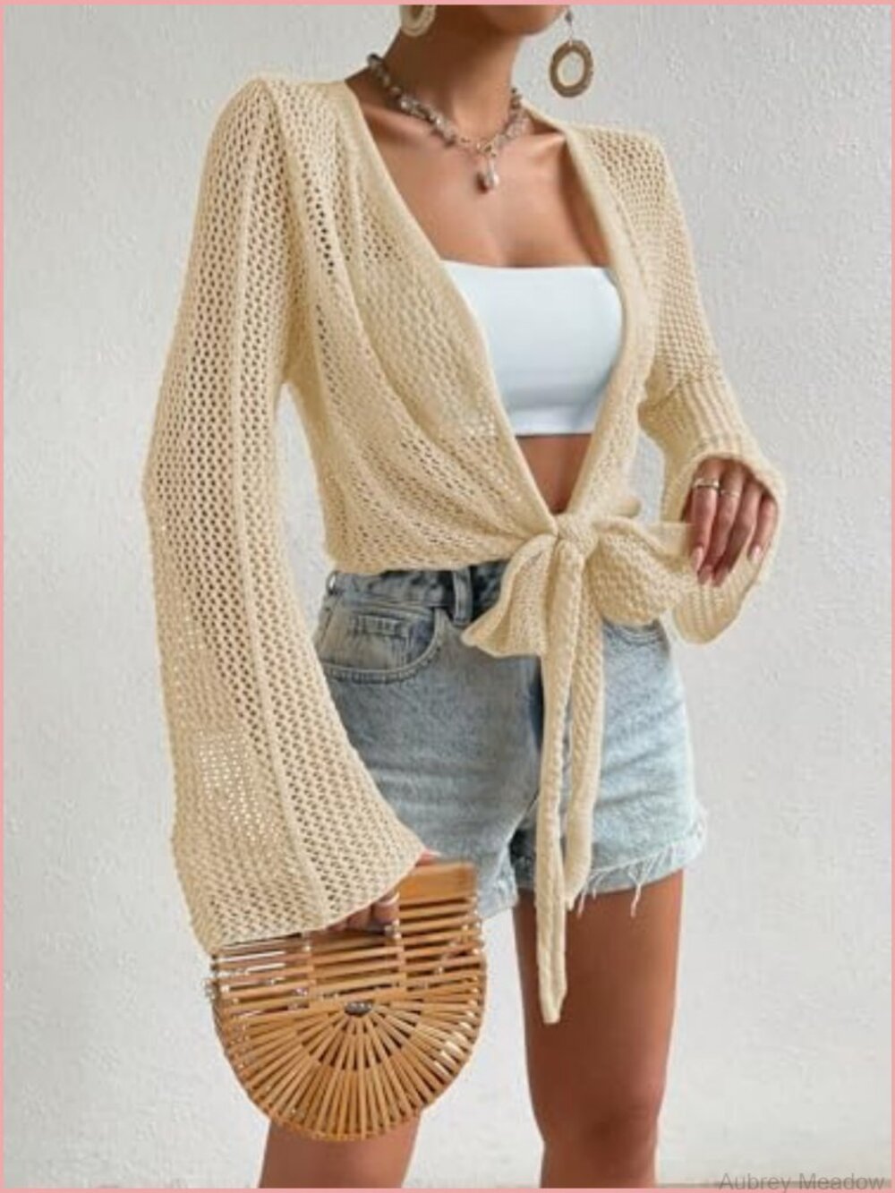Hollow Out Tie Front Cardigan Summer Crop Flare Sleeve Crochet Bolero Top - Picture 3 of 5